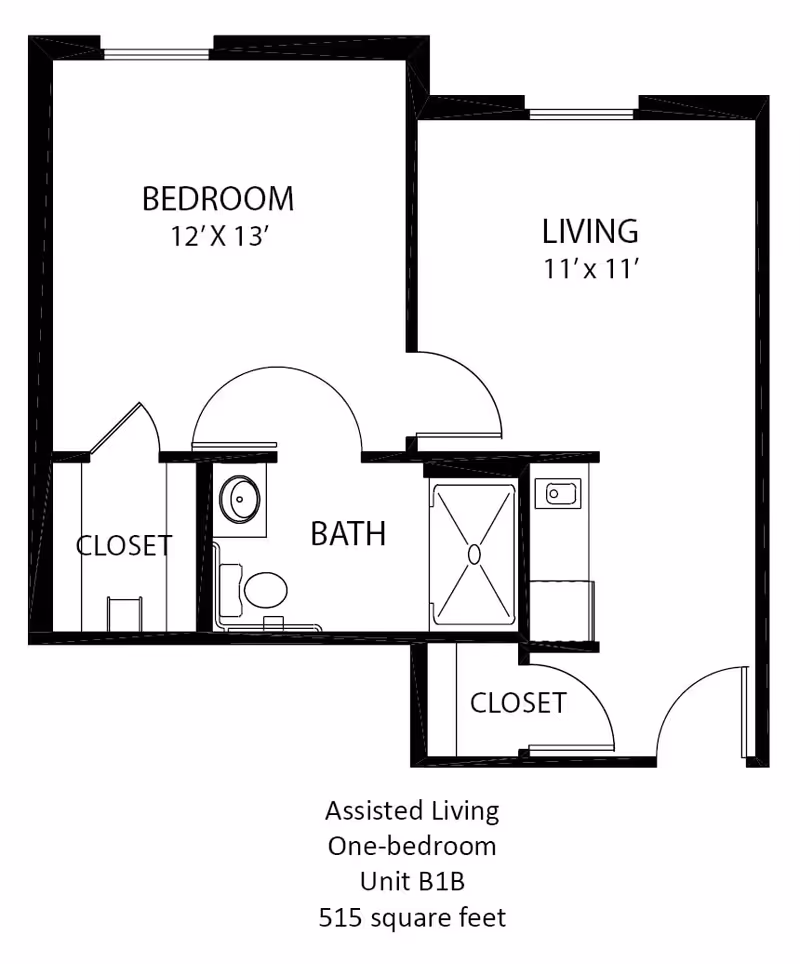 Floor plan of an assisted living one-bedroom unit B1B at The Wellington at Arapaho, showing a bedroom measuring 12 by 13 feet, a living room measuring 11 by 11 feet, a bathroom, and two closets, totaling 515 square feet.