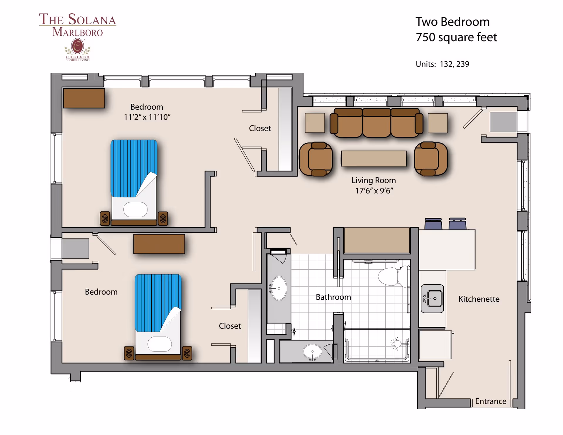 Floor plan of a two-bedroom, 750 square feet apartment at The Solana Marlboro, Chelsea Senior Living. The layout includes two bedrooms with closets, a living room with sofa and chairs, a bathroom with a shower, sink, and toilet, and a kitchenette near the entrance.