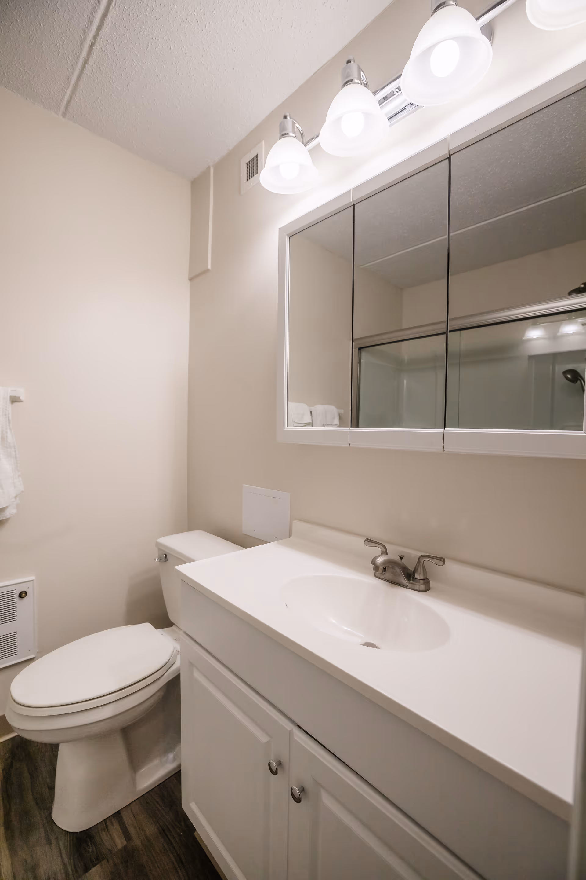 A clean bathroom featuring a white toilet, a white vanity with a sink, a large mirror with three light fixtures above it, and a towel hanging on the wall. The floor has dark wood-like flooring and the walls are painted a light beige color.