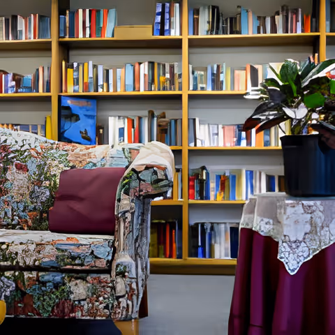 A cozy sitting area with a patterned armchair and a small table with a potted plant in front of a bookshelf filled with books.