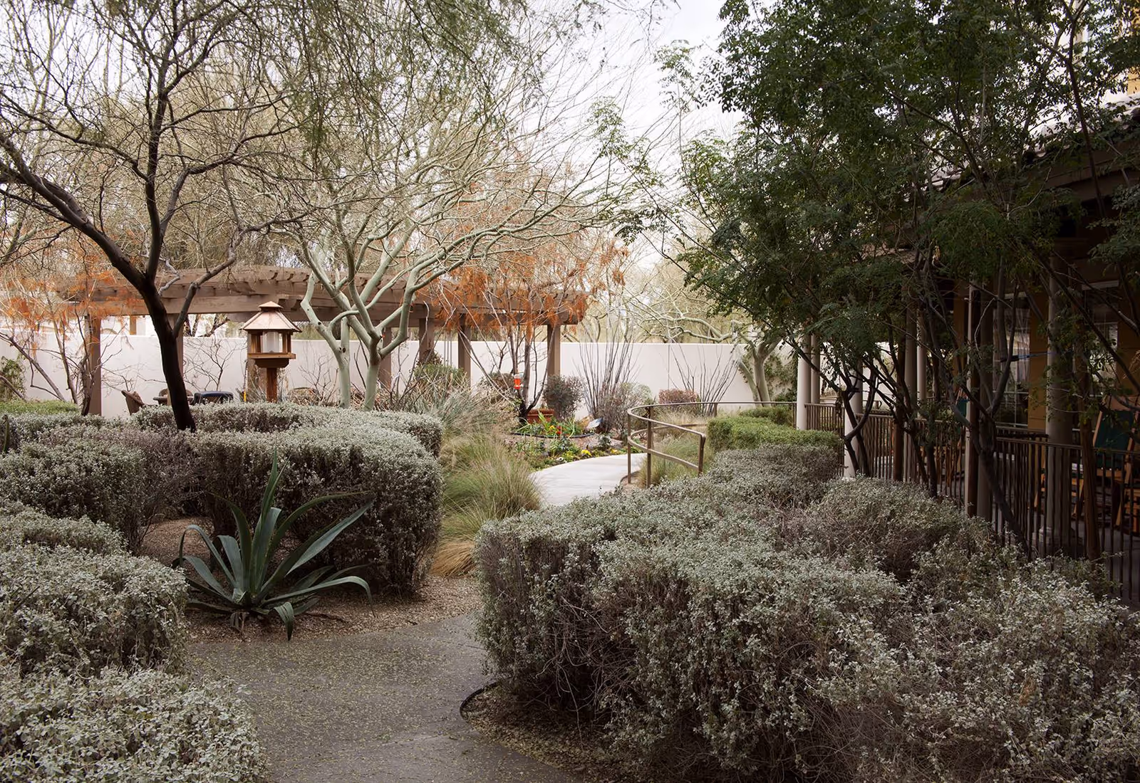 A landscaped outdoor garden area with trimmed bushes, a winding concrete pathway, various trees including some with bare branches, and a wooden pergola structure in the background. There is also a birdhouse mounted on a post and a building with a covered porch and railing on the right side.