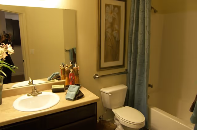 Bathroom with a sink and countertop on the left, a toilet in the center, and a bathtub with a blue patterned shower curtain on the right. There is a large mirror above the sink, a framed floral picture on the wall above the toilet, and decorative figurines and towels on the countertop.