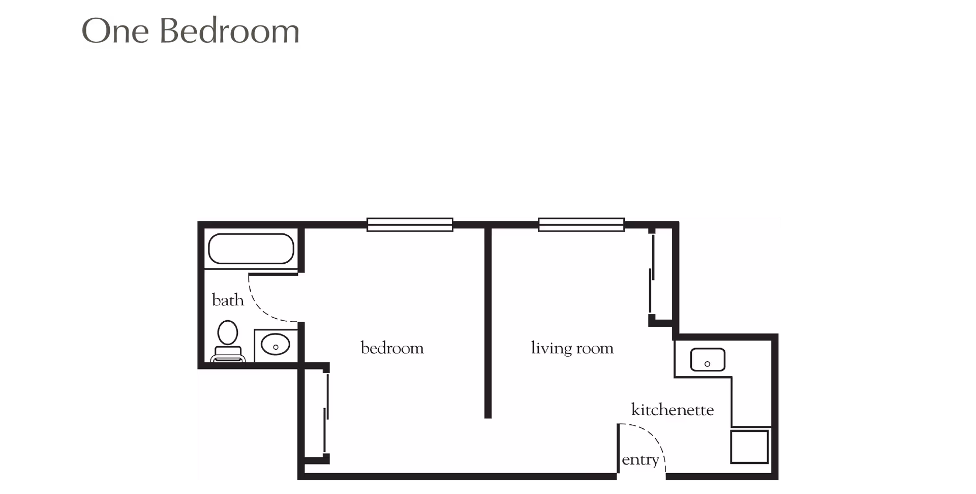 Floor plan of a one-bedroom apartment showing a bedroom, living room, bath, kitchenette, and entry area.