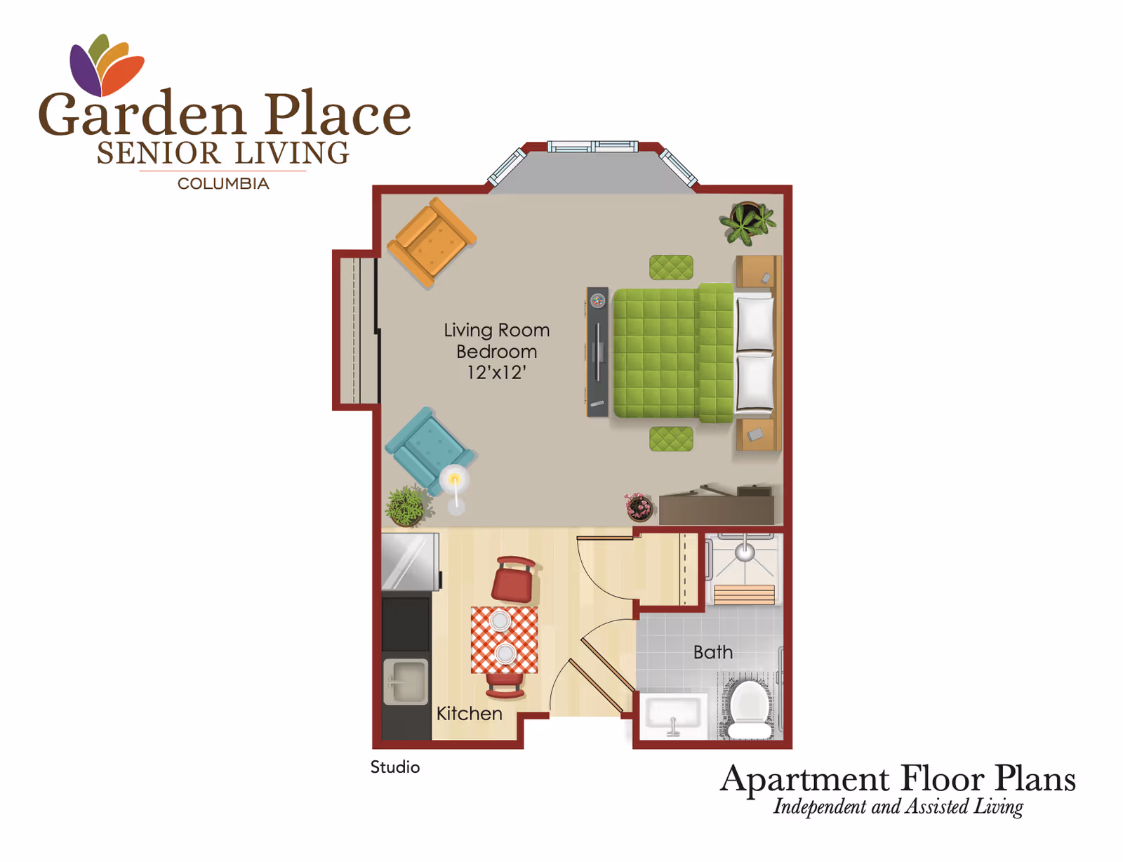 Floor plan of a studio apartment at Garden Place Columbia showing a combined living room and bedroom area measuring 12 by 12 feet, a kitchen with a small dining table and two chairs, and a bathroom with a shower, sink, and toilet.