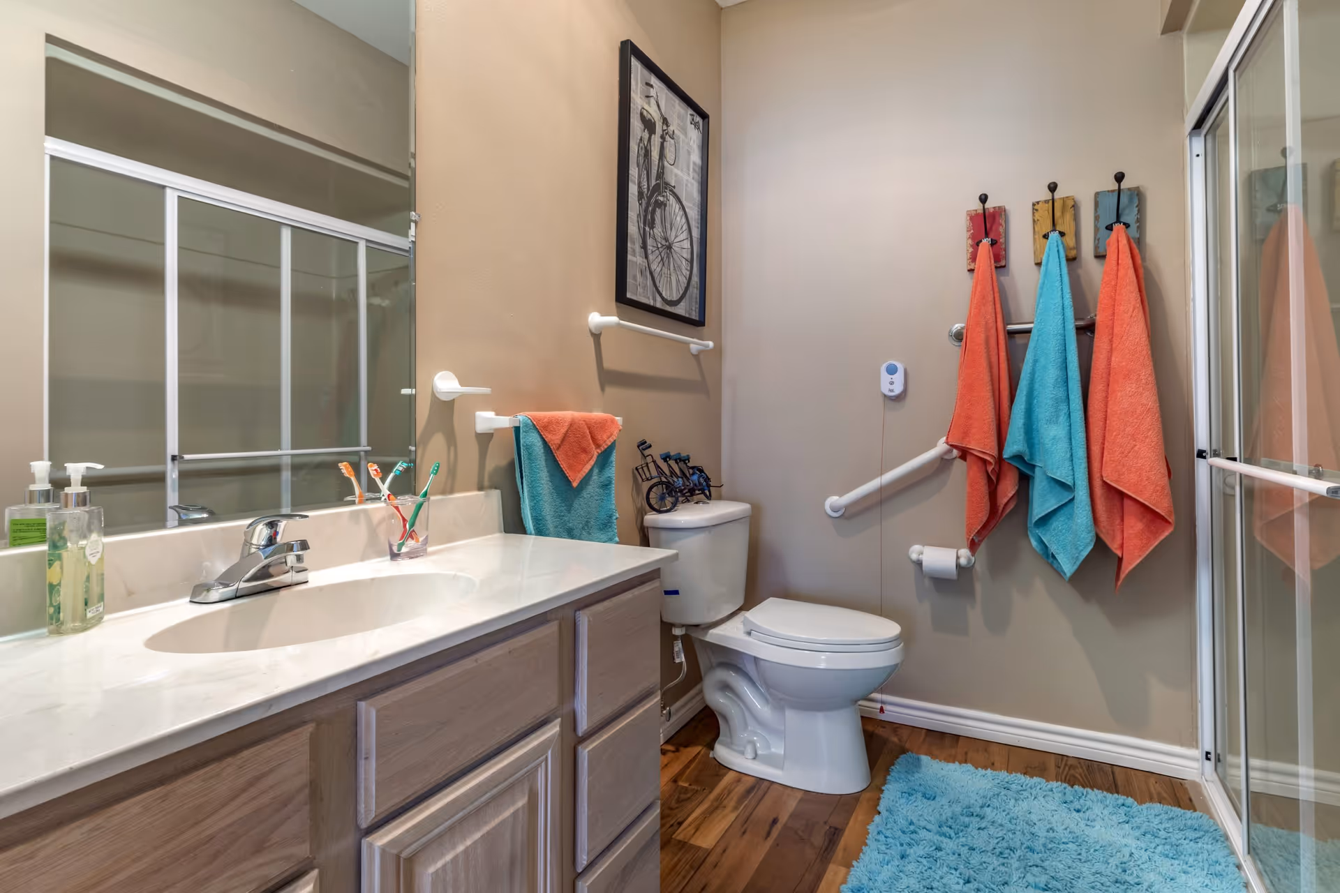 Bathroom with a sink and vanity on the left, toilet with grab bars in the center, glass shower on the right, and colorful towels hanging on the wall.