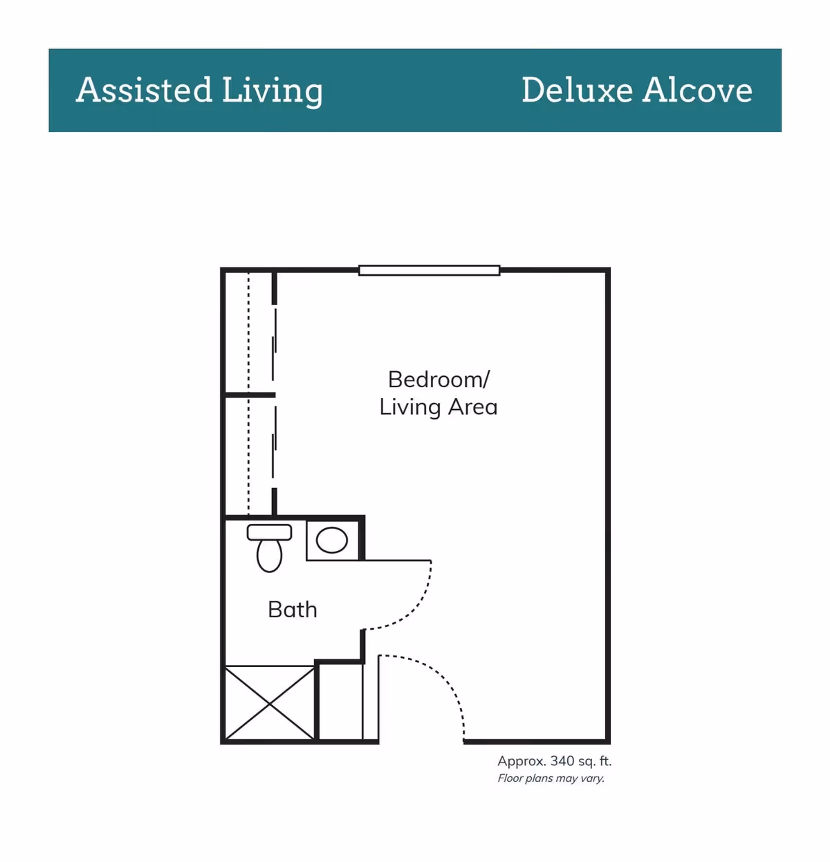 Floor plan of an assisted living deluxe alcove unit showing a combined bedroom and living area, a bathroom with a toilet, sink, and shower, and an entry door. The total area is approximately 340 square feet.