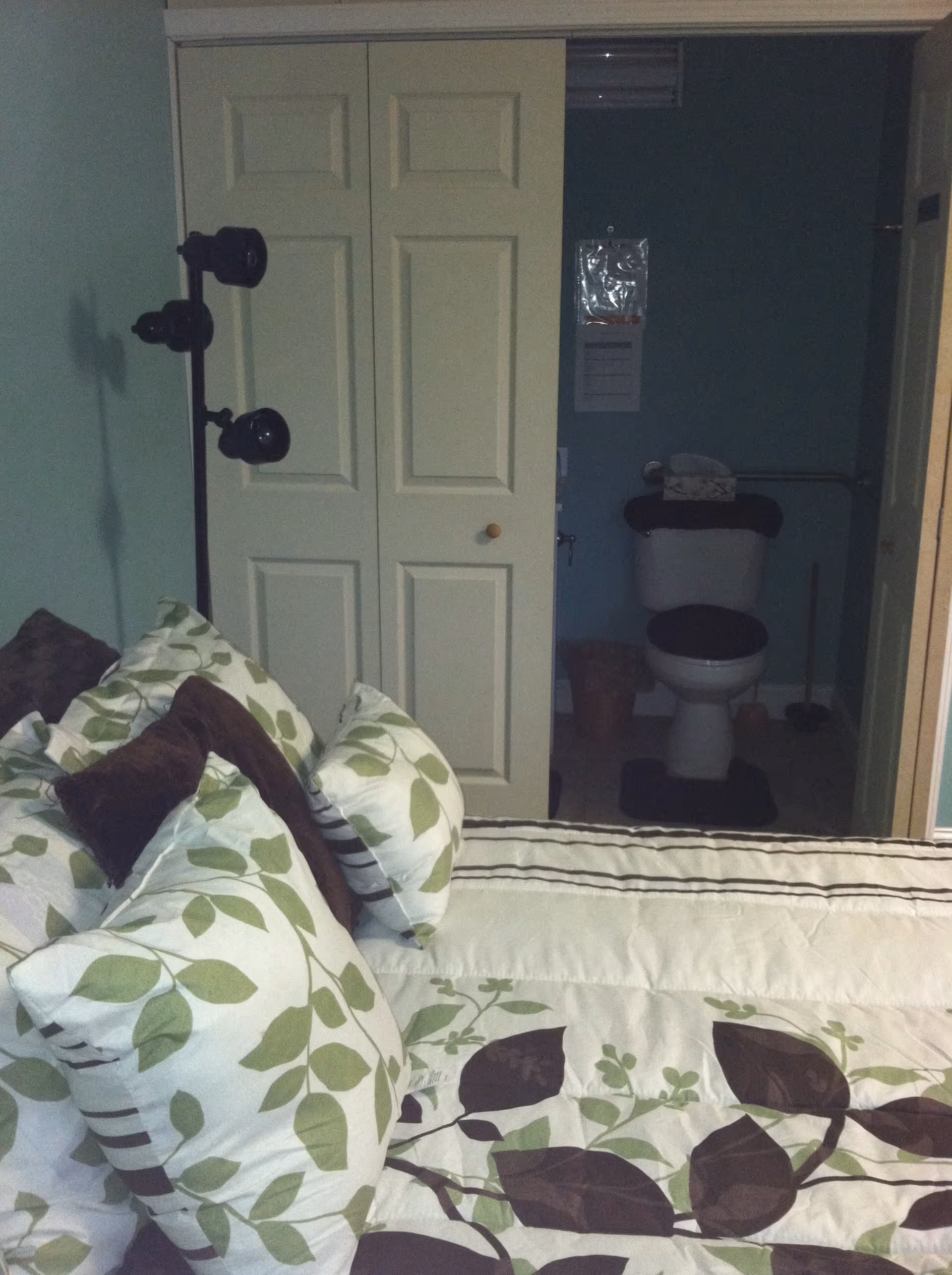 Bed with green-and-white leaf patterned bedding and pillows in front of partially open closet doors revealing a small bathroom with a toilet.