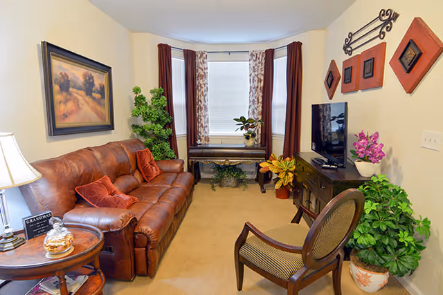 A cozy living room with a brown leather sofa adorned with red pillows, a wooden side table with a lamp and decorative items, a wooden chair with a cushioned seat, a TV on a dark wooden stand, several potted plants, and wall decorations including framed artwork and geometric shapes. The room has beige walls and carpet, with a window covered by curtains in the background.