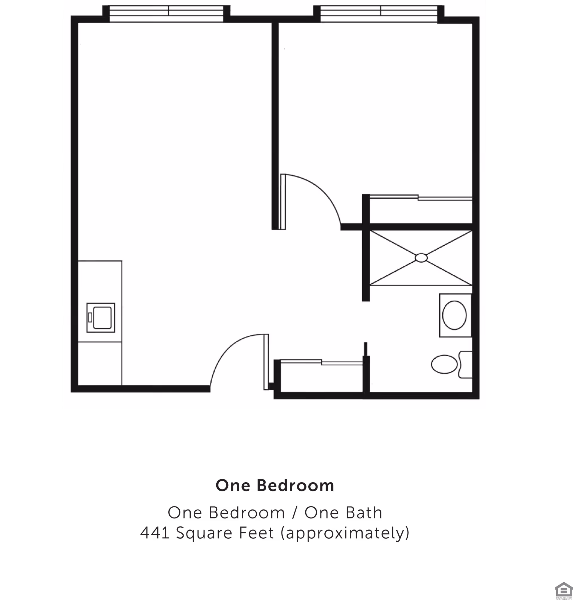 Floor plan of a one-bedroom, one-bath apartment with approximately 441 square feet. The layout includes a bedroom, bathroom with a shower, toilet, and sink, and a living area with a kitchenette.