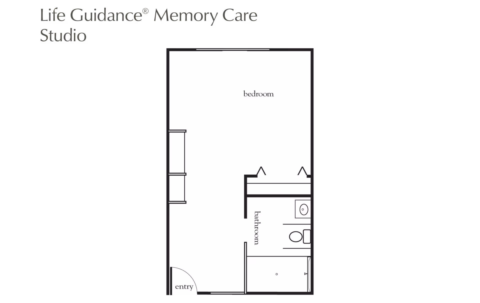 Floor plan layout of a Life Guidance Memory Care Studio at Atria Stamford, showing an entry, bedroom area, and a bathroom with a sink, toilet, and shower.