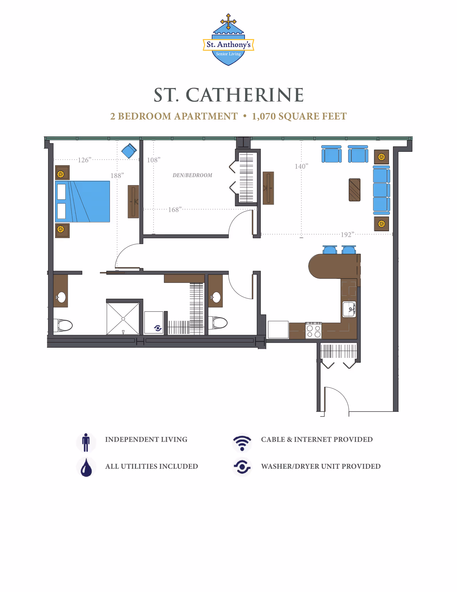 Floor plan of St. Catherine, a 2 bedroom apartment with 1,070 square feet at St. Anthony's Senior Living. The layout includes two bedrooms, two bathrooms, a living room with seating, a kitchen with appliances and a dining area, and a washer/dryer unit. Icons indicate independent living, all utilities included, cable and internet provided, and washer/dryer unit provided.