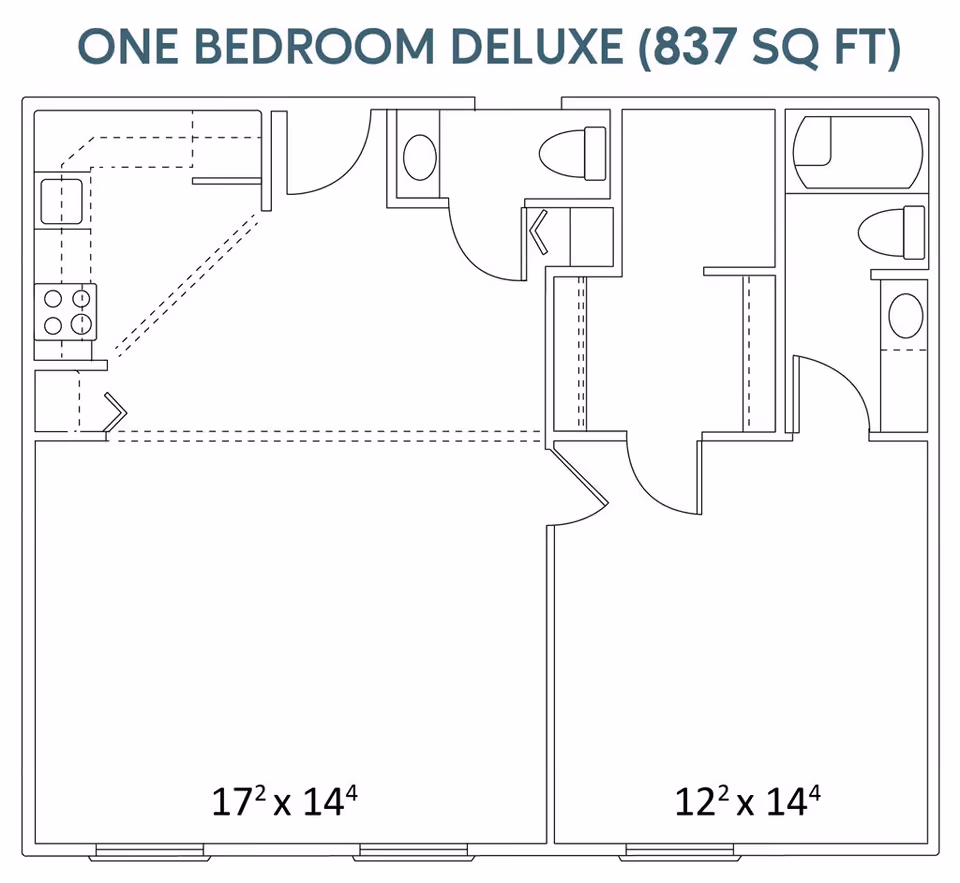 Floor plan of a one bedroom deluxe apartment with 837 square feet, showing a kitchen, living area, bedroom, bathroom, and closet spaces with dimensions.