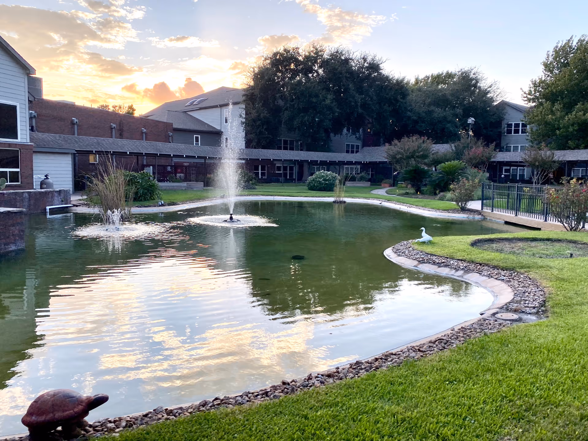 Outdoor pond with two water fountains surrounded by green grass and landscaping, with buildings and trees in the background under a partly cloudy sky at sunset.