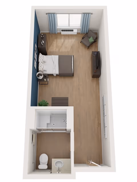 3D floor plan of a small studio apartment featuring a bedroom area with a bed, nightstand, lamp, dresser, armchair, and TV stand. The room has a large window with blue curtains. Adjacent to the bedroom is a bathroom with a toilet, sink, and shower.