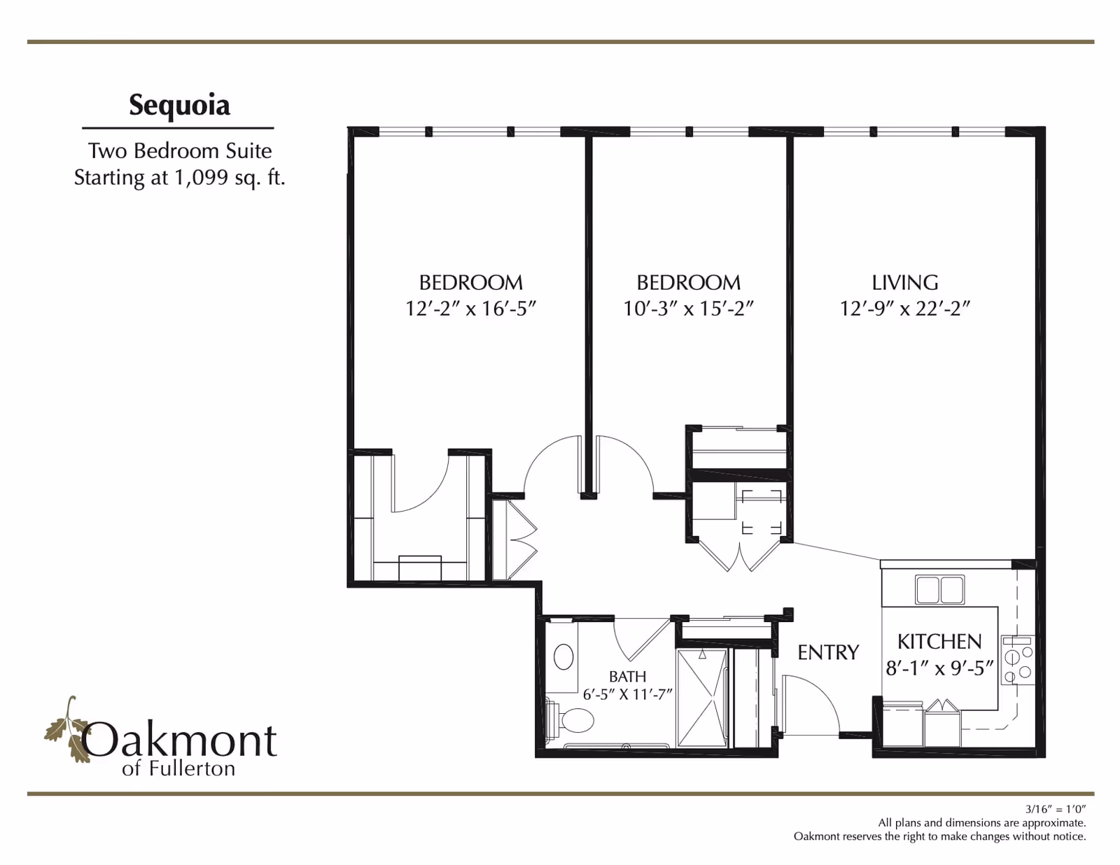 Black-and-white floor plan titled 'Sequoia' showing a two-bedroom suite layout with labeled rooms and dimensions.