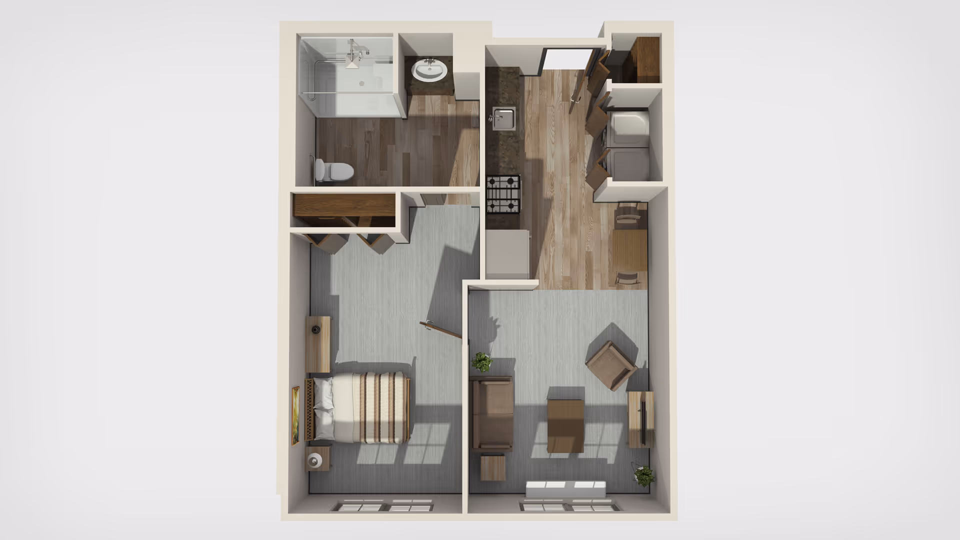 3D floor plan of a one-bedroom apartment featuring a bedroom with a bed, nightstand, and dresser; a living room with a sofa, armchair, coffee table, TV stand, and plants; a kitchen with a stove, sink, and dining table with chairs; and a bathroom with a shower, toilet, and sink.