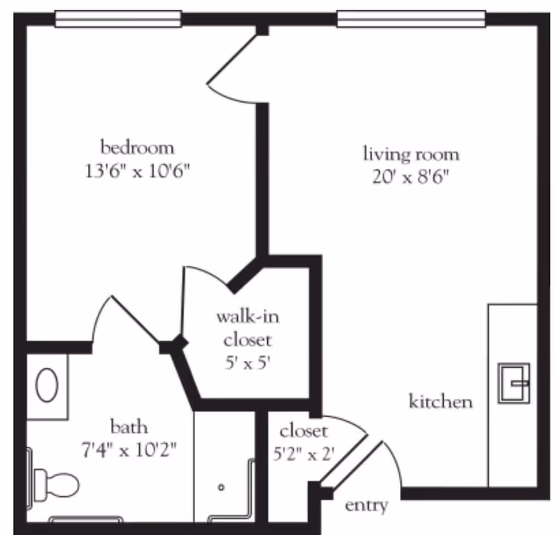 Floor plan layout showing a bedroom measuring 13 feet 6 inches by 10 feet 6 inches, a living room measuring 20 feet by 8 feet 6 inches, a kitchen area, a bathroom measuring 7 feet 4 inches by 10 feet 2 inches, a walk-in closet measuring 5 feet by 5 feet, a smaller closet measuring 5 feet 2 inches by 2 feet, and an entry area.