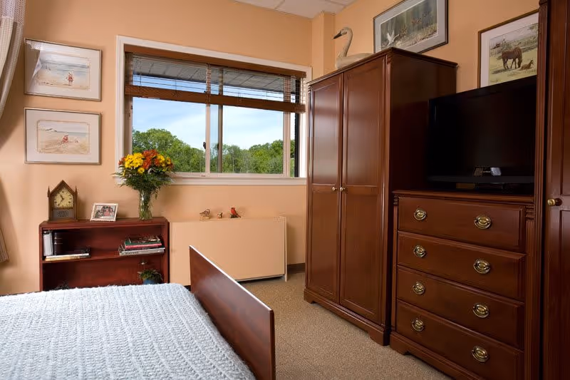 A cozy bedroom with a wooden bed frame partially visible, a wooden dresser with a TV on top, a matching wooden wardrobe, and a small bookshelf with books and a clock. There is a window with a view of green trees outside, and the walls are decorated with framed pictures and a vase of flowers on the bookshelf.