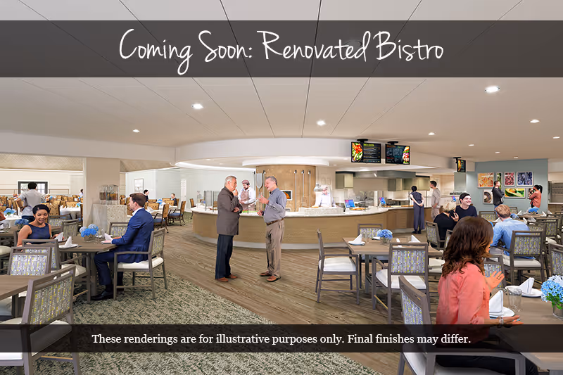 A spacious dining area with multiple tables and chairs, people sitting and conversing, and a central food service counter with staff behind it. The ceiling has recessed lighting, and there are digital menu boards above the counter. The image has text overlays stating 'Coming Soon: Renovated Bistro' at the top and a disclaimer about renderings at the bottom.