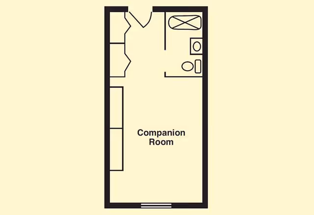 Floor plan layout of a companion room in a senior living facility, showing an entry door, closet, bathroom with bathtub, toilet and sink, and an open living/sleeping area.