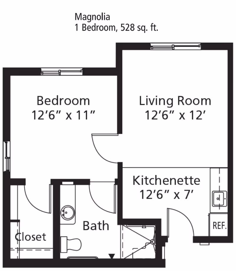 Floor plan of Magnolia unit at Eskaton Village Roseville showing 1 bedroom, 1 bathroom, living room, kitchenette, and closet with dimensions.