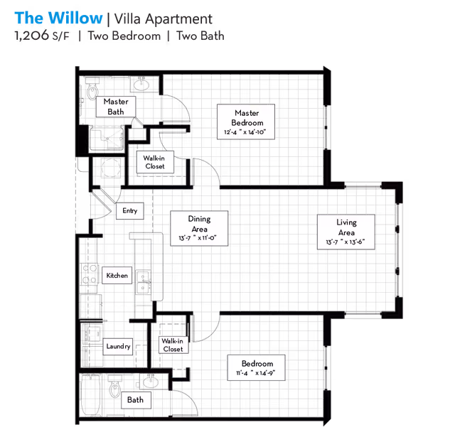 Floor plan of The Willow Villa Apartment at Homestead Hills showing a layout with two bedrooms, two bathrooms, a kitchen, laundry area, dining area, living area, and two walk-in closets. The master bedroom measures 12 feet 4 inches by 14 feet 10 inches and includes a master bath. The second bedroom measures 11 feet 4 inches by 14 feet 9 inches. The dining area is 13 feet 7 inches by 11 feet, and the living area is 13 feet 7 inches by 13 feet 6 inches.