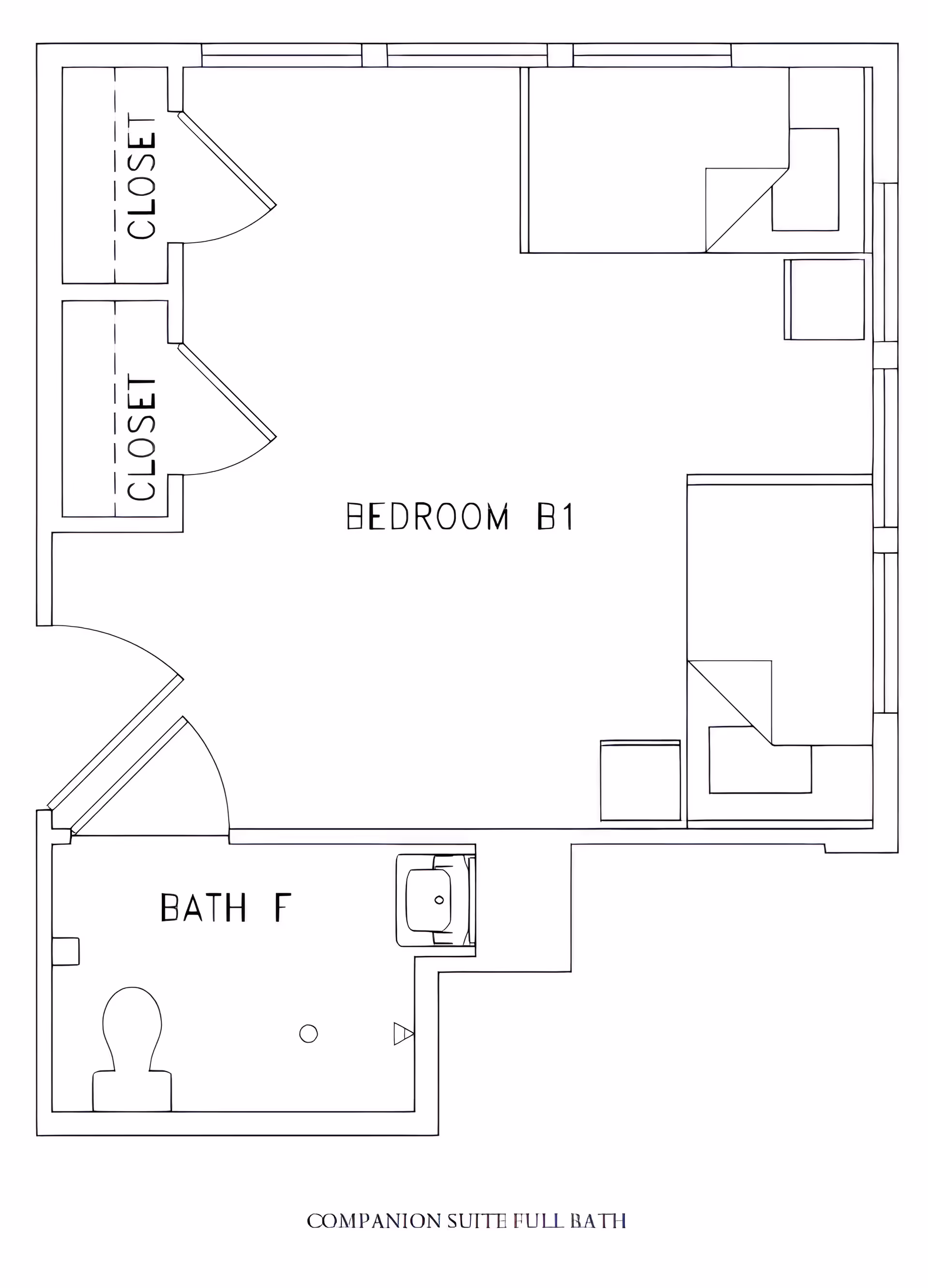 Architectural floor plan of a companion suite with a full bath, showing two beds in Bedroom B1, two closets, and a bathroom labeled Bath F with a toilet and sink.