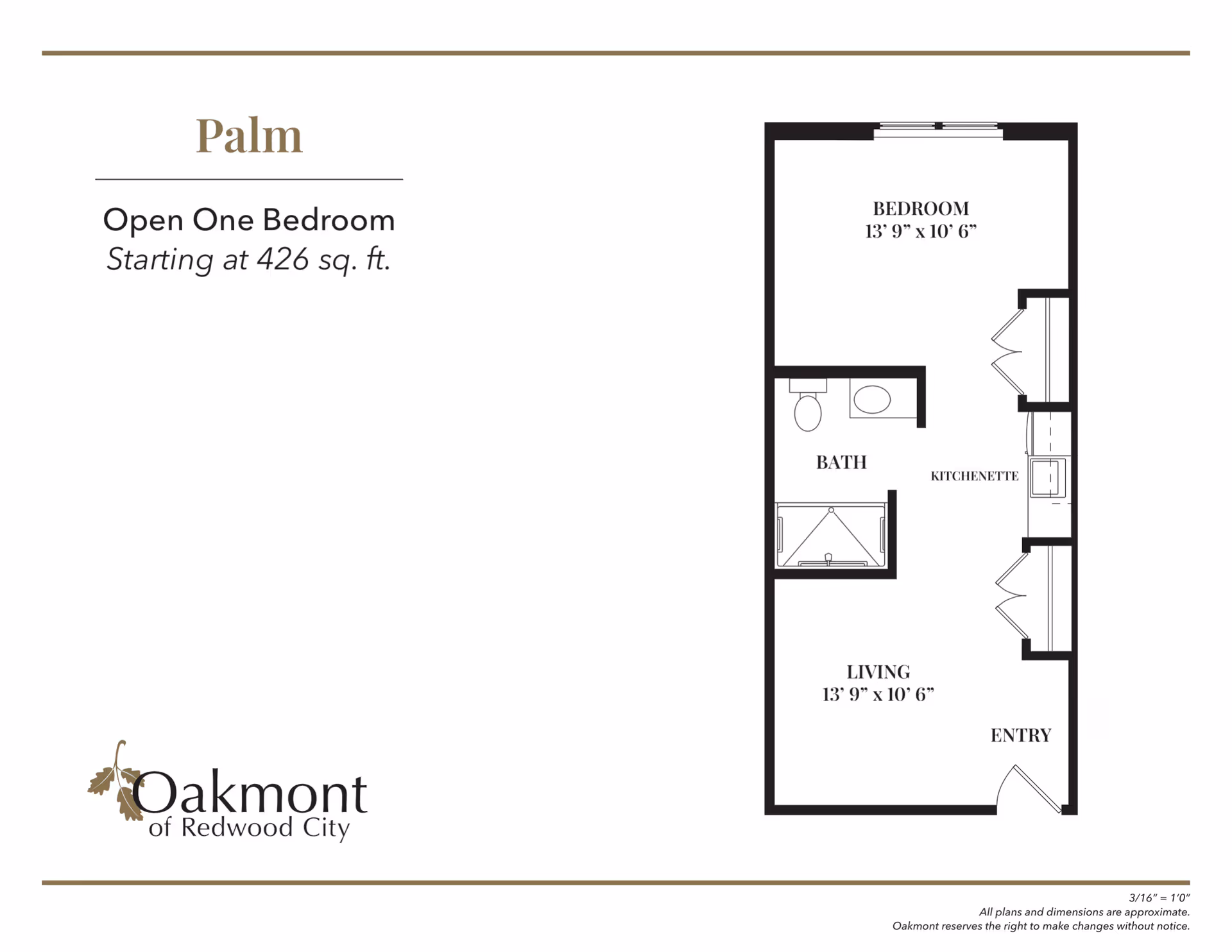 Floor plan for the Palm open one-bedroom apartment at Oakmont of Redwood City, starting at 426 square feet. The layout includes a bedroom measuring 13' 9" by 10' 6", a bath, a kitchenette, a living area measuring 13' 9" by 10' 6", and an entry.