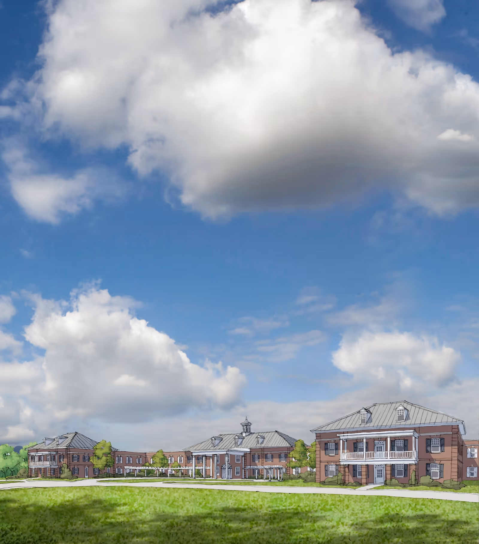 Illustration of a senior living facility with multiple connected brick buildings featuring white columns and porches, set against a partly cloudy blue sky and a large green lawn in the foreground.