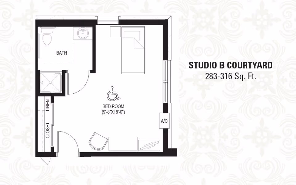 Floor plan of Studio B Courtyard unit at Heritage Court Memory Care, showing a bedroom area with a bed, chair, closet, linen closet, bathroom with toilet, sink, and shower, and an air conditioning unit. The bedroom measures 9 feet 8 inches by 18 feet, with a total area of 283-316 square feet.