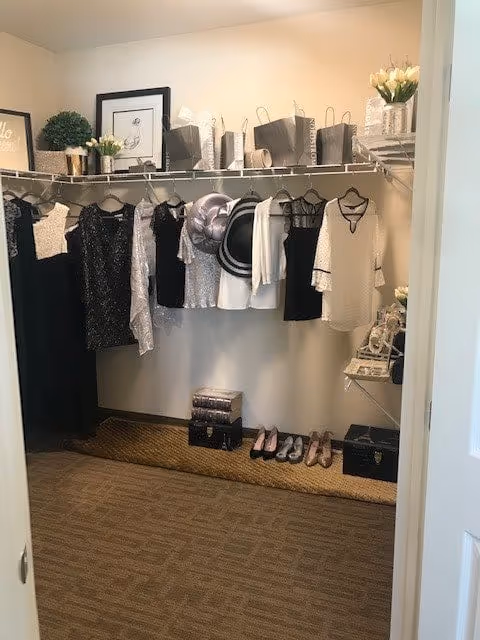 Walk-in closet with women's clothes hanging on a rod, hats and handbags on the top shelf, and shoes and storage boxes on the floor.