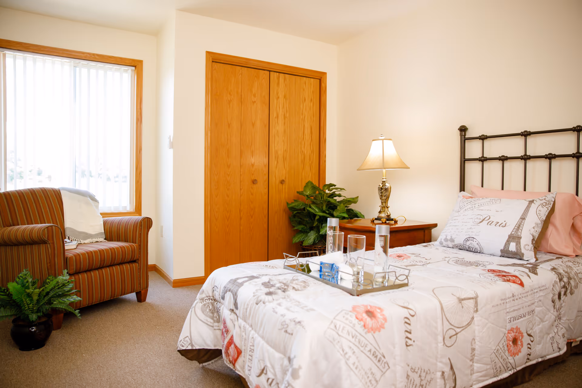 A cozy bedroom with a single bed featuring Paris-themed bedding, a wooden nightstand with a decorative lamp, a striped armchair next to a window with vertical blinds, a wooden closet with double doors, and two green potted plants on the carpeted floor.
