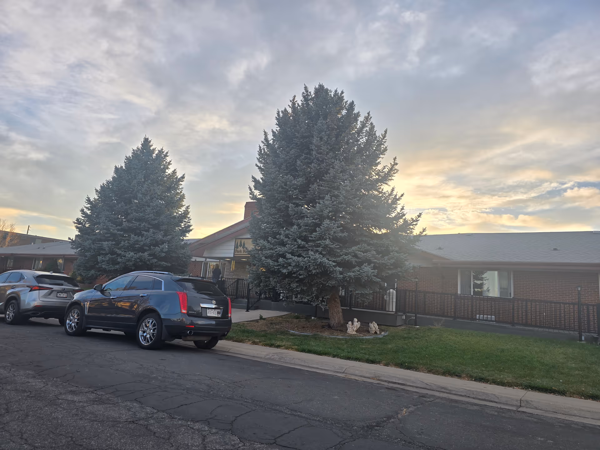 Exterior view of Park Forest Care Center, Inc building during sunset with two large evergreen trees in front, a small lawn area with decorative statues, and two parked cars on the street.