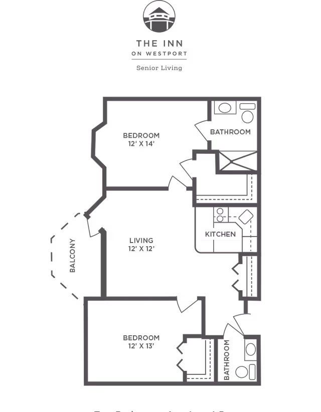 Floor plan of a senior living apartment at The Inn on Westport showing two bedrooms, two bathrooms, a living room, kitchen, and a balcony.