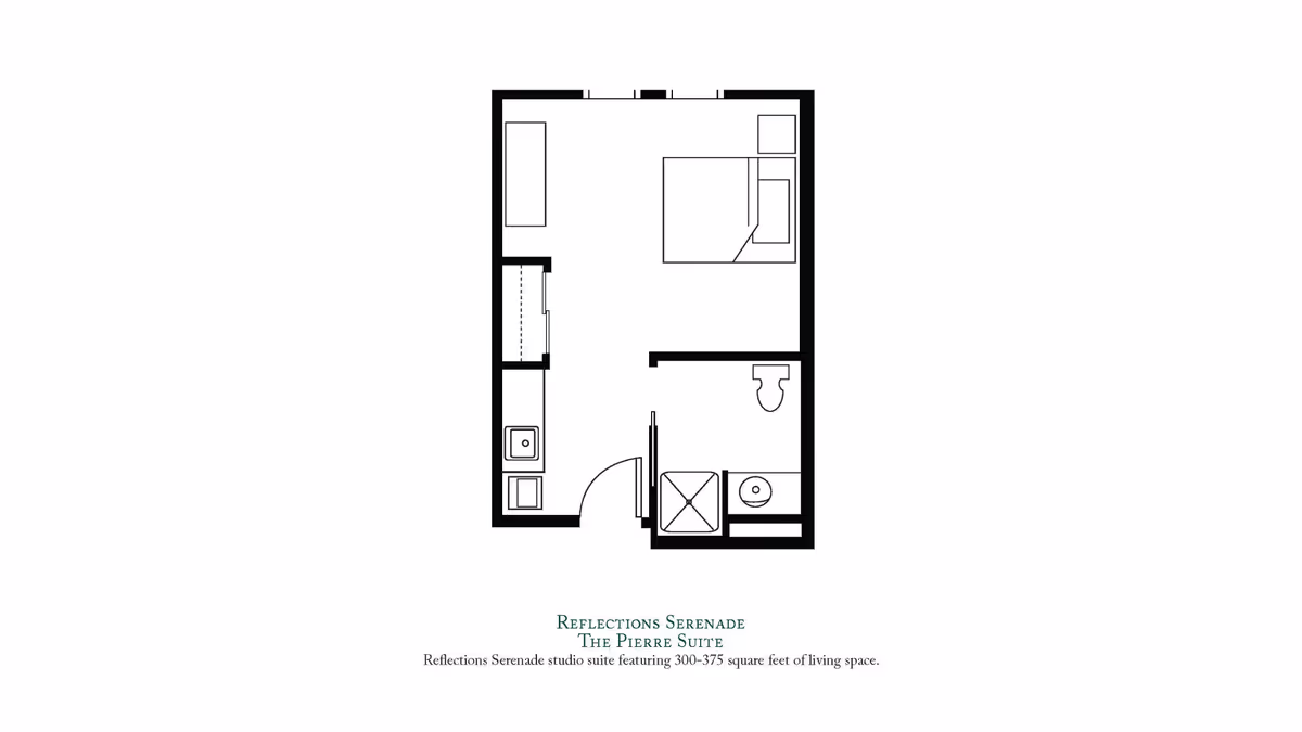 Black-and-white floor plan of a studio suite showing a bed area, kitchenette, bathroom, and entry.