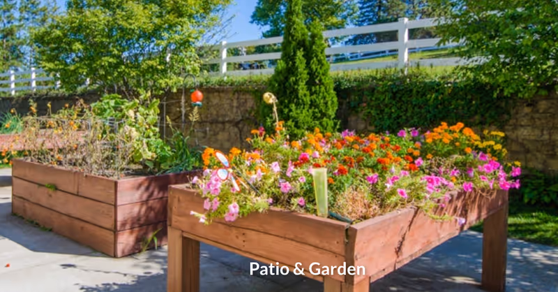Raised wooden garden beds filled with colorful flowers and plants in an outdoor garden area with a stone wall and white fence in the background under a clear blue sky.