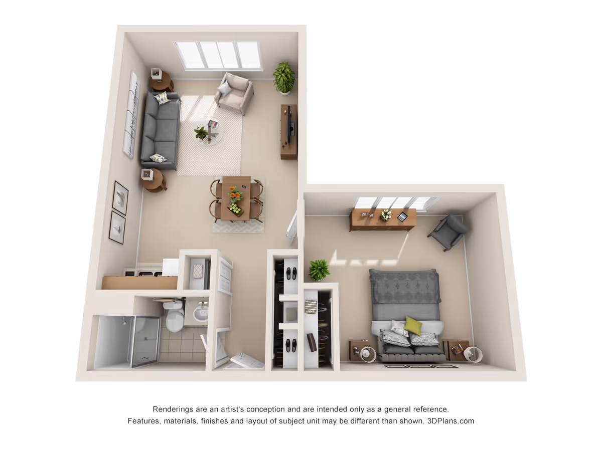 3D floor plan rendering of a one-bedroom apartment showing a living room with dining area, kitchen, bathroom, and bedroom.