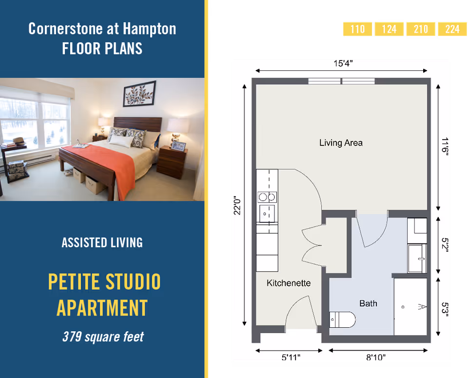 Floor plan of a petite studio apartment at Cornerstone at Hampton showing a living area, kitchenette, and bath with dimensions. On the left side, there is a photo of a bedroom with a bed, two nightstands with lamps, a window, and some decorative items.