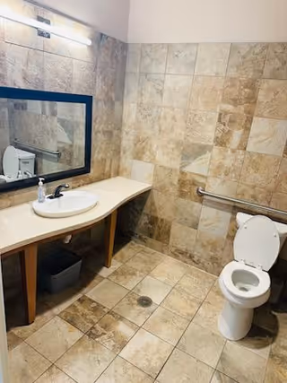 A clean bathroom with beige and brown tiled walls and floor. There is a white toilet with the seat up on the right side, a long countertop with a white sink and black faucet on the left side, a large rectangular mirror above the sink, a soap dispenser on the countertop, and a trash bin underneath. A grab bar is mounted on the wall next to the toilet.