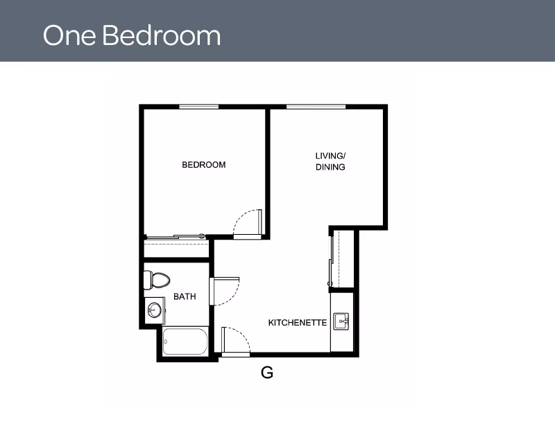 Floor plan of a one-bedroom unit at Whispering Oaks - A Provincial Senior Living Community, showing a bedroom, bath, kitchenette, and combined living/dining area.