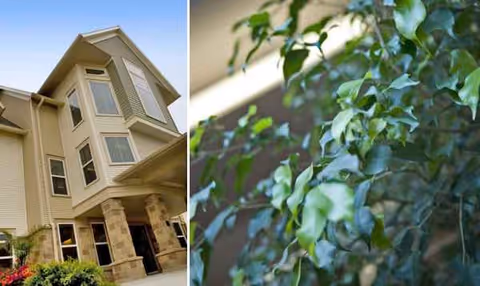 Exterior view of The Oaks Peake senior living facility with a two-story entrance and greenery.