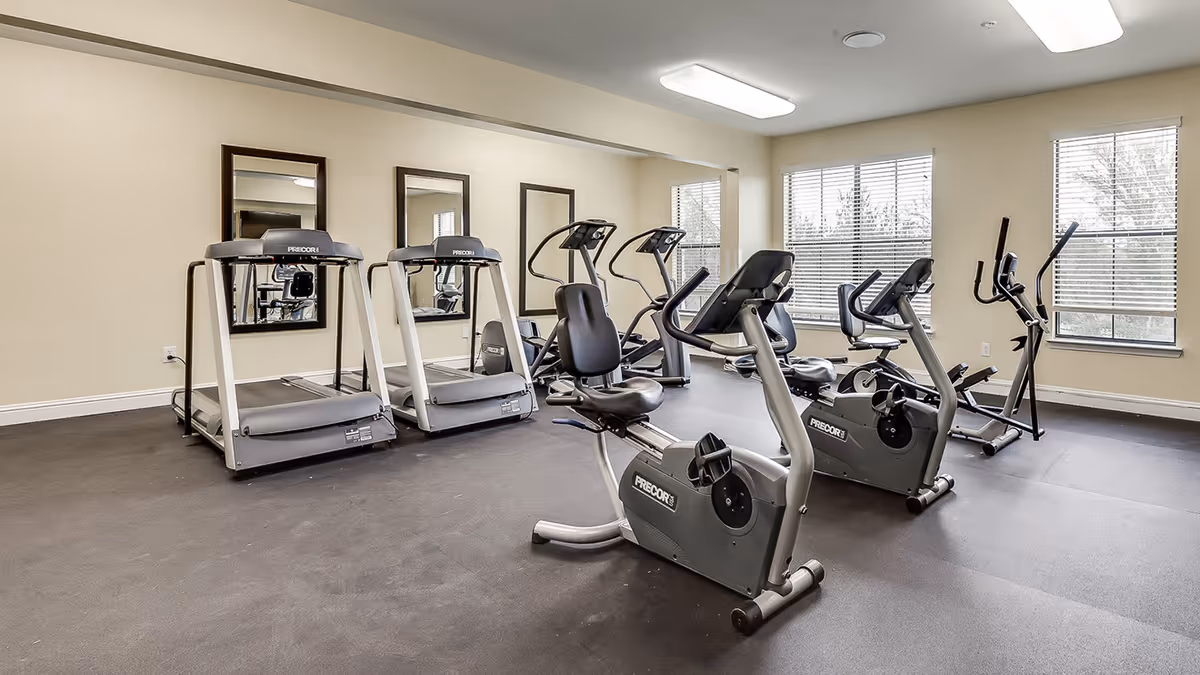 A fitness room with exercise equipment including two treadmills, two recumbent stationary bikes, two elliptical machines, large windows with blinds, and three wall mirrors.