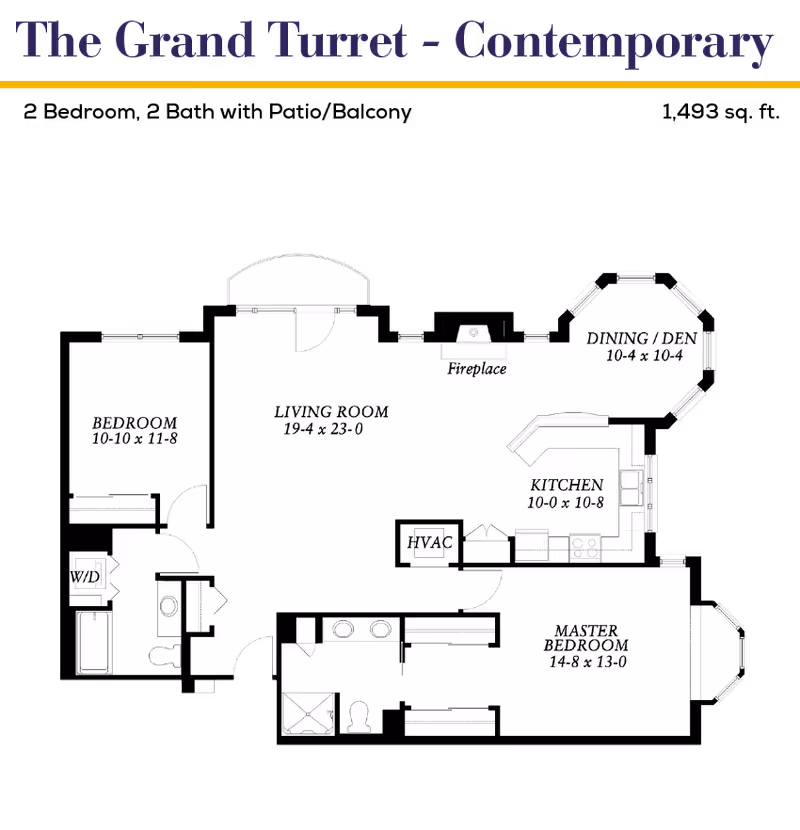 Black-and-white floor plan titled "The Grand Turret - Contemporary" showing a living room, kitchen, dining/den, master bedroom, second bedroom, bathrooms, and HVAC.