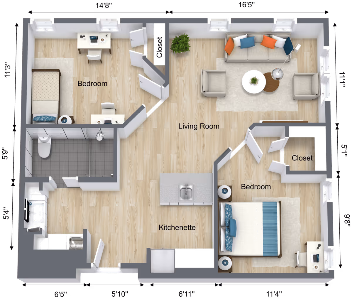 3D floor plan of a senior living apartment at Ridgefield Station Senior Living showing two bedrooms, a living room, kitchenette, bathroom, and closets with dimensions labeled.
