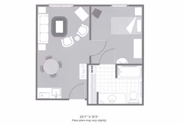 Architectural floor plan of a small apartment unit showing a living room with sofa, chairs, coffee table, and dining table; a kitchen area; a bedroom with a bed and dresser; and a bathroom with a bathtub, sink, and toilet.