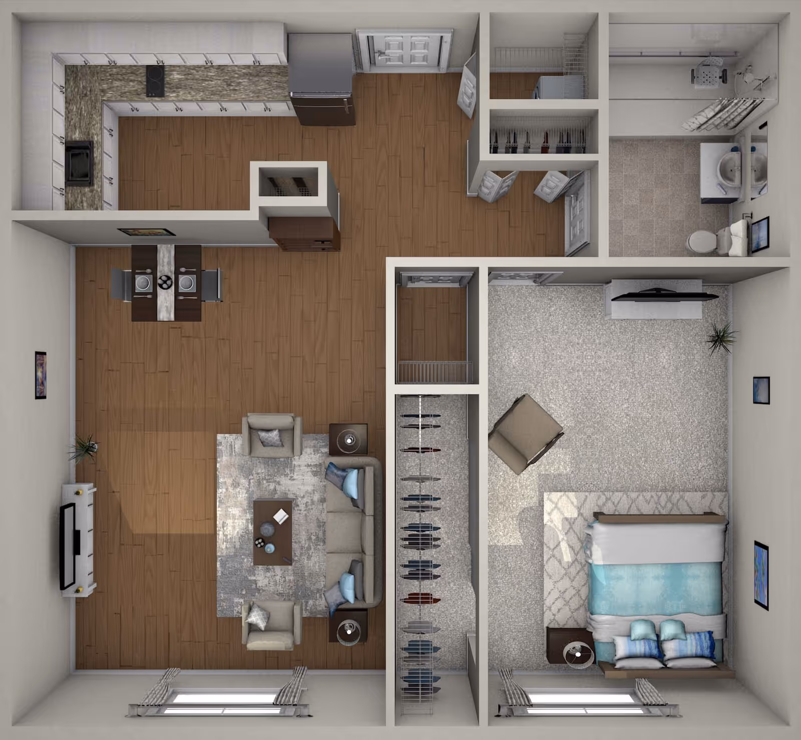Top-down view of a one-bedroom apartment floor plan featuring a kitchen with appliances and cabinetry, a dining area with a table set for two, a living room with a sofa, two armchairs, and a coffee table, a bedroom with a bed, nightstands, and a chair, a bathroom with a toilet and double sink, and multiple closets.