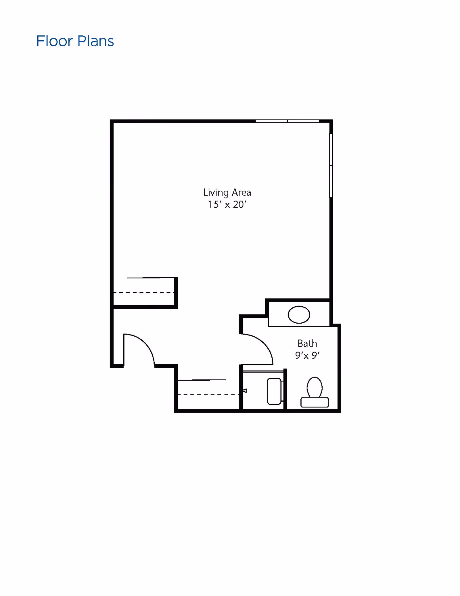 Floor plan showing a living area measuring 15 feet by 20 feet and a bathroom measuring 9 feet by 9 feet with a toilet and sink.