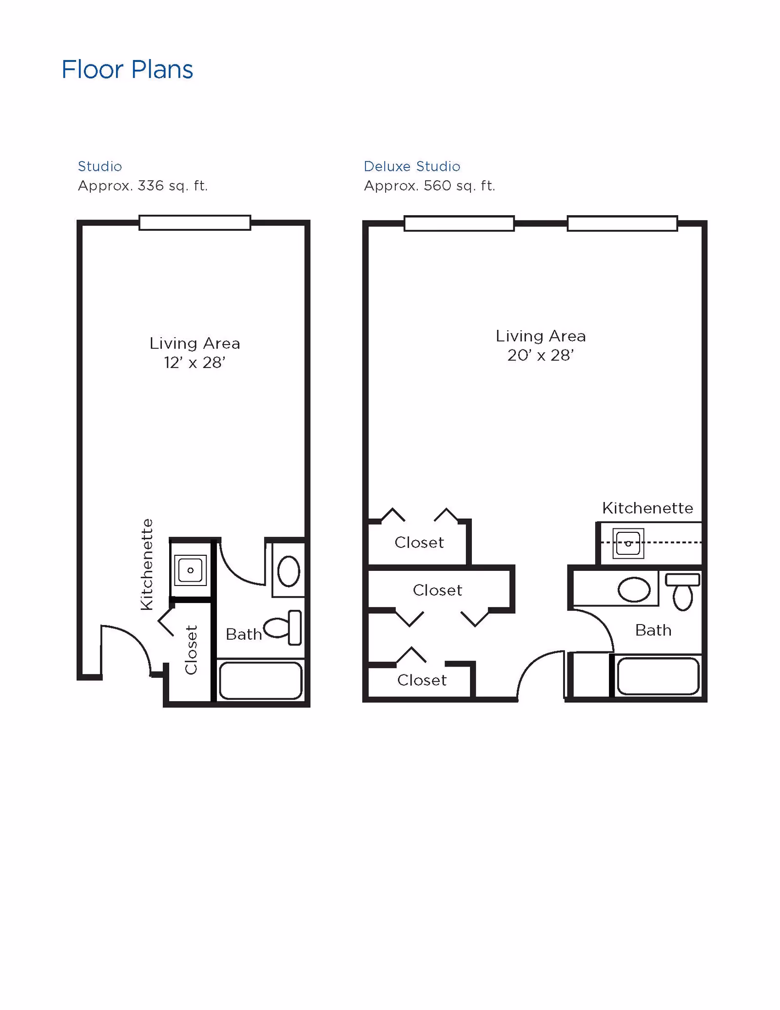 Floor plans for two studio apartments at Brookdale Sarasota Midtown. The first is a Studio with approximately 336 sq. ft., featuring a living area of 12 by 28 feet, a kitchenette, a closet, and a bathroom. The second is a Deluxe Studio with approximately 560 sq. ft., featuring a living area of 20 by 28 feet, three closets, a kitchenette, and a bathroom.