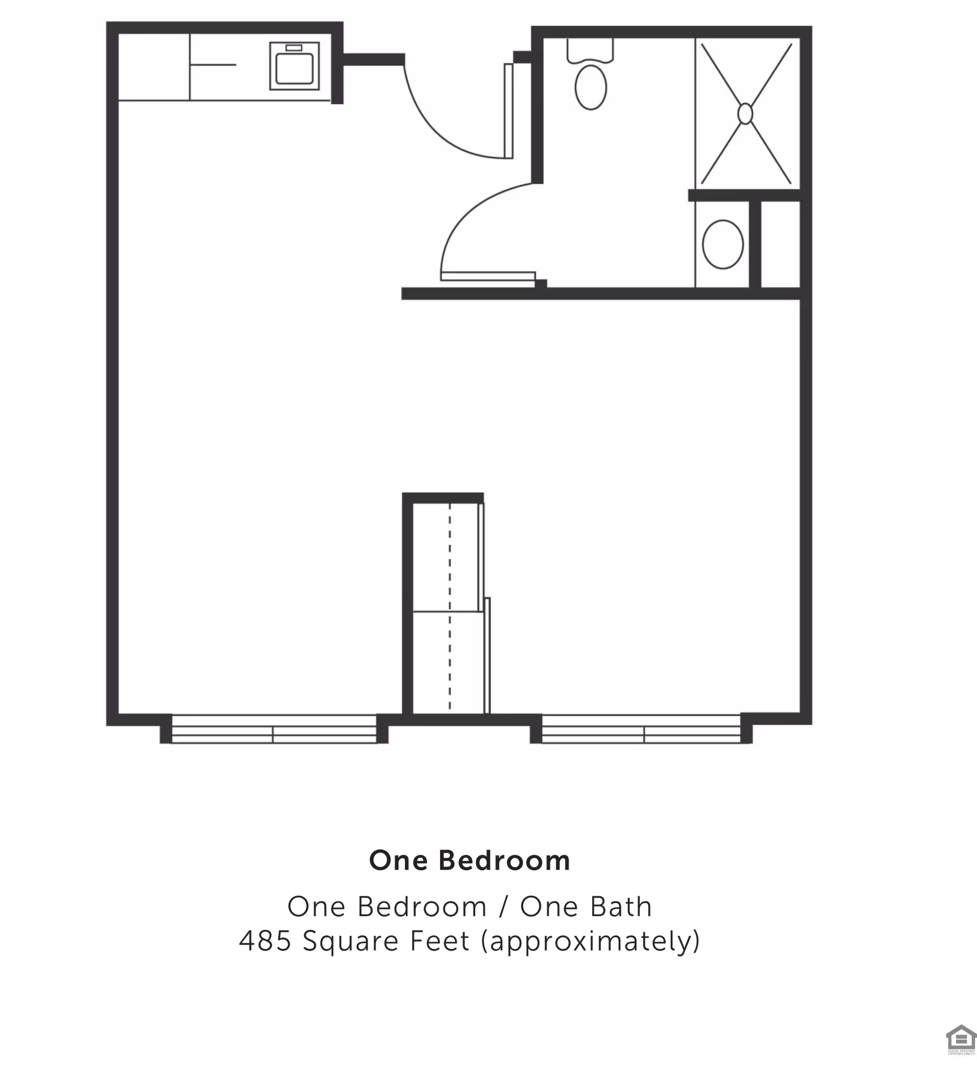 Architectural floor plan of a one-bedroom, one-bath apartment with approximately 485 square feet. The layout includes a bathroom with a toilet, shower, and sink, a kitchen area, and a main living/bedroom space.