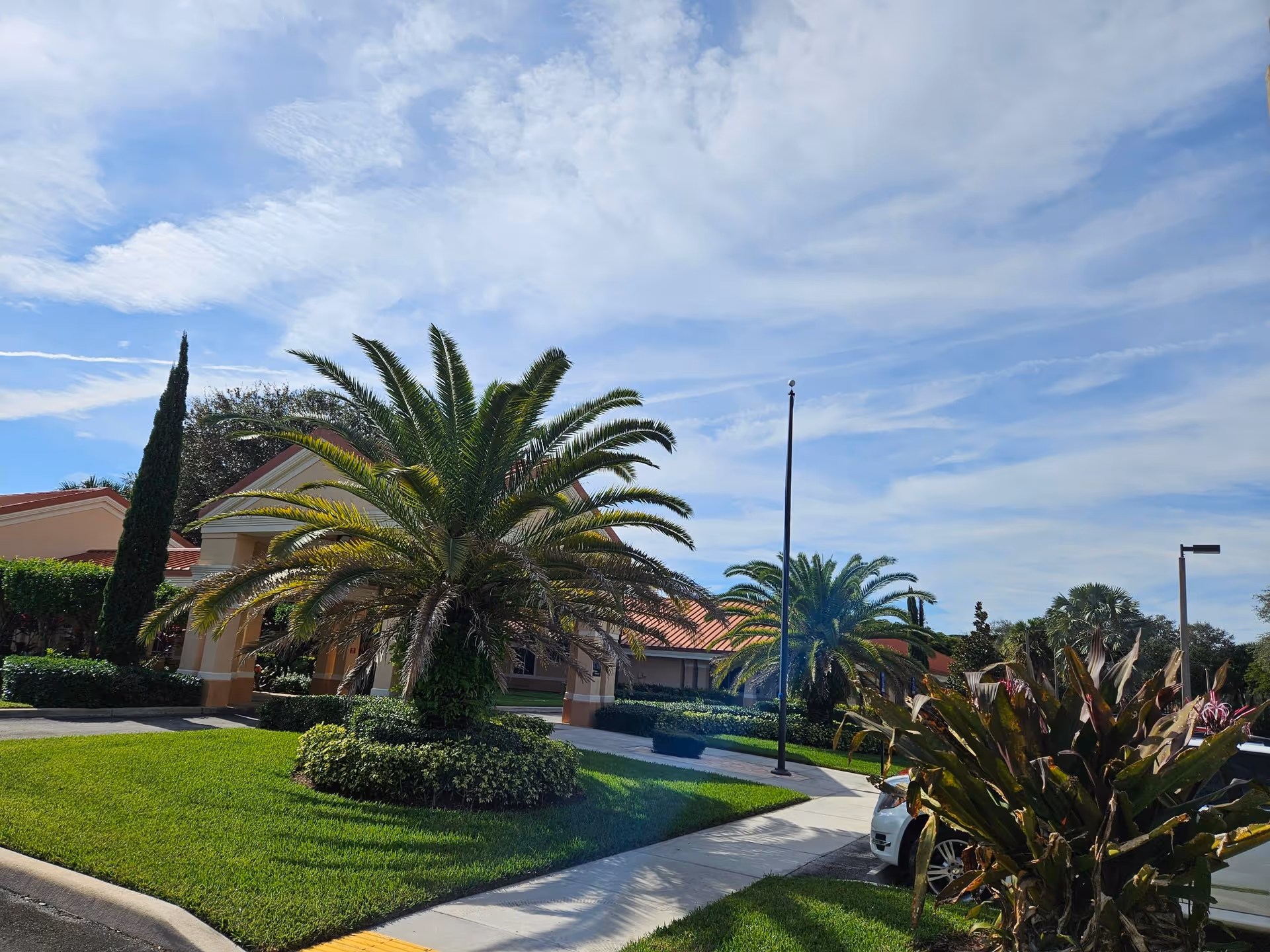 Landscaped front entrance with palm trees, green lawn, sidewalk, driveway and a flagpole under a partly cloudy blue sky.